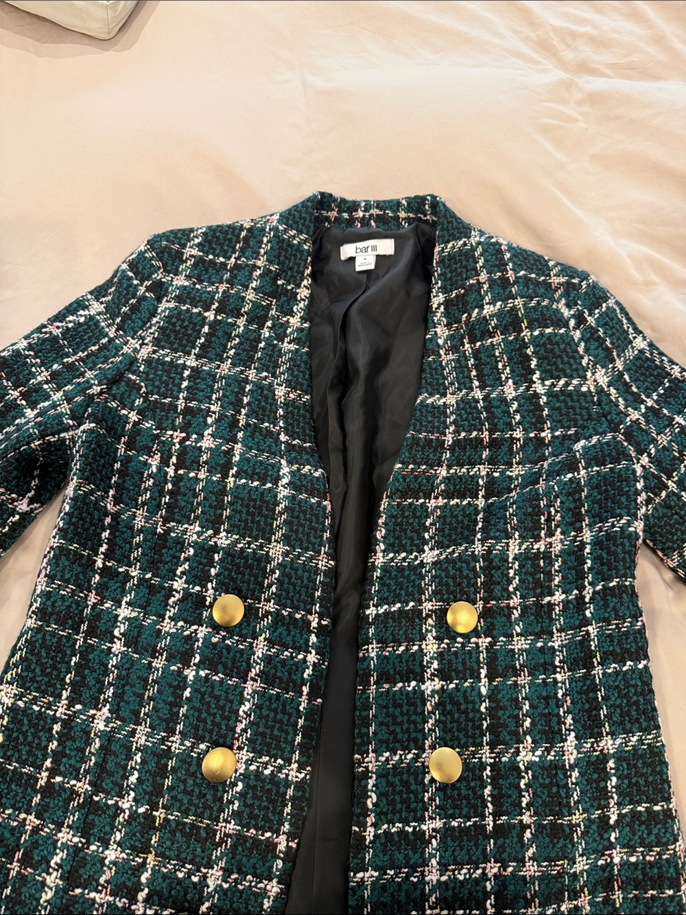 Bar III Dark Green Plaid Tweed Blazer with Gold Buttons